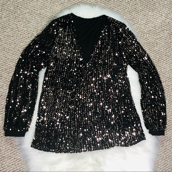 Women's Gold Sequin Black Jacket Loose fitted No buttons Long Sleeves - Picture 6 of 7